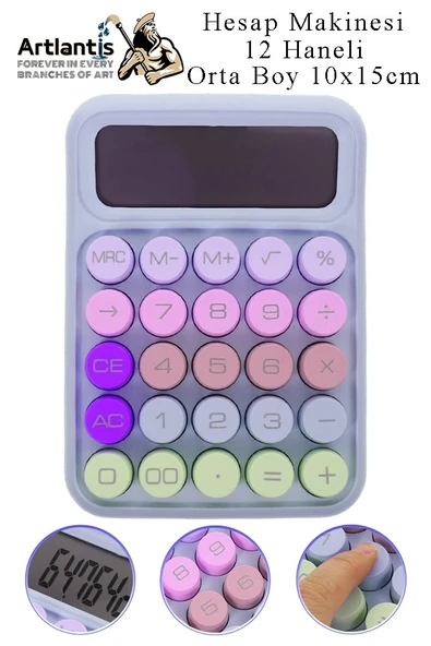 Hesap Makinesi Orta Boy Masaüstü 1 Adet 12 Haneli Yuvarlak Tuşlu Renkli Hesap Makinası 10x15 cm Renkli Büro Ofis Öğrenci
