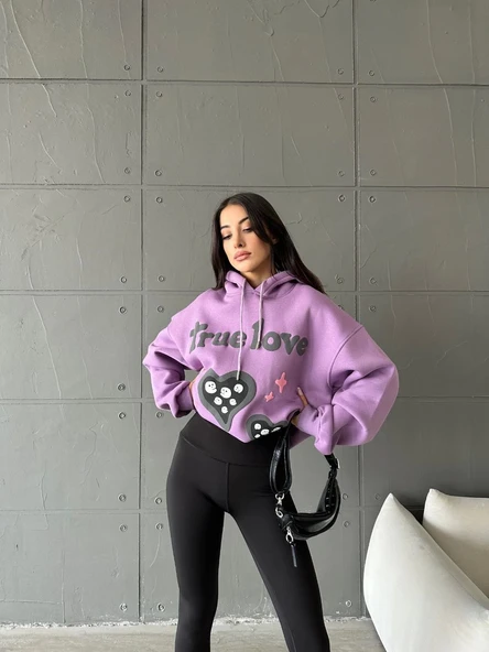 3 iplik şardonlu oversize compact true baskılı sweat mor - 5