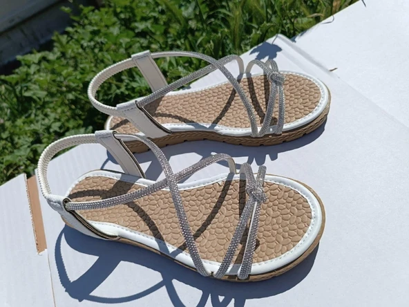 Sandalet Gümüş Taşlı Beyaz - Resim 2