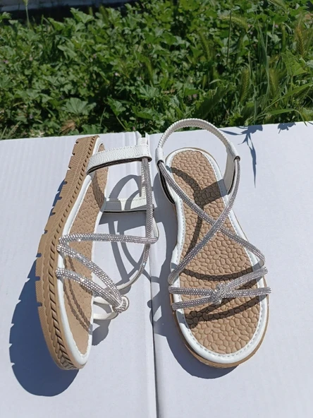 Sandalet Gümüş Taşlı Beyaz - Resim 3