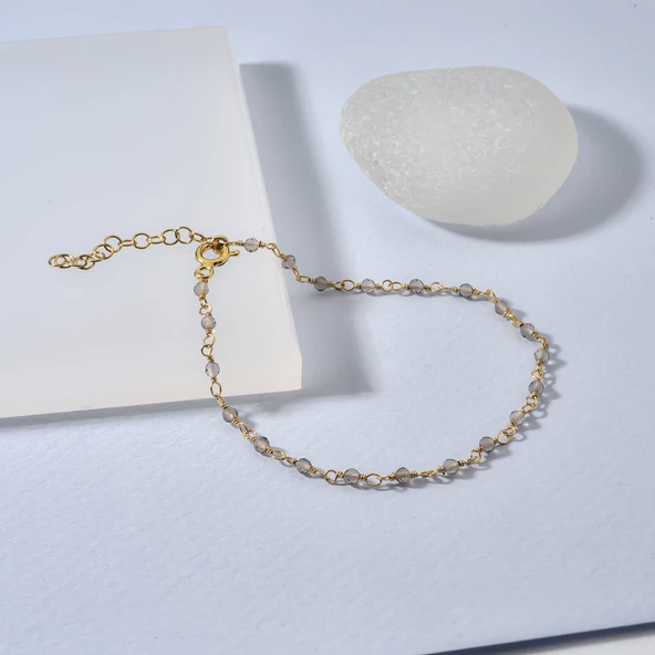 14 Ayar Altın Kaplama Duman Rengi Kuvars Doğal Taşlı El Yapımı Gümüş Bileklik - CBS00132 - Resim 3