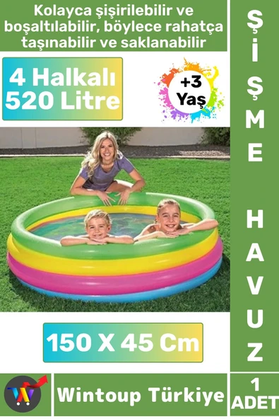 Kompakt Güvenli Eğlenceli Ev Bahçe Teras 520 Litre +3 Yaş 4 Halkalı Renkli ŞİŞME ÇOCUK HAVUZU