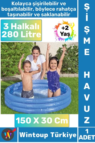 Kompakt Dayanıklı Güvenli Eğlenceli Ev Bahçe Teras 280 Litre +2 Yaş 3 Halkalı ŞİŞME ÇOCUK HAVUZU