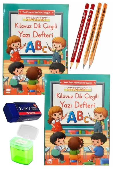 Kılavuz Dik Çizgili Güzel Yazı Defteri A4 Büyük Boy Fatih Kırmızı ve Siyah Jumbo Kurşun Kalem Sınav Silgisi Kalemtraş