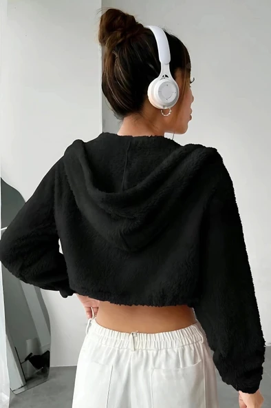 Peluş ceket kapşonlu siyah - 3