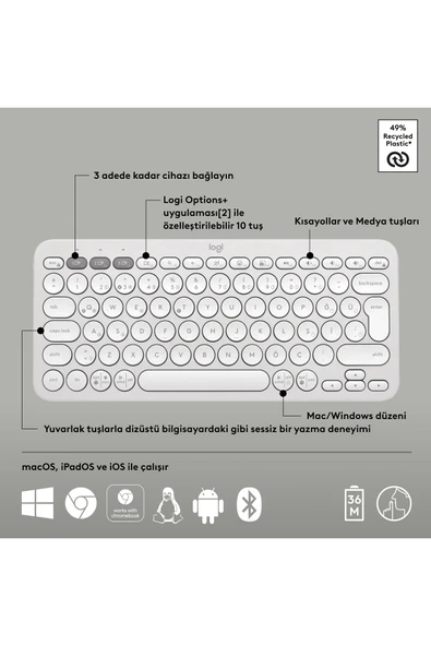 K380s Pebble Keys 2 Çoklu Cihaz Özellikli Bluetooth Türkçe Q Klavye - Beyaz - 6