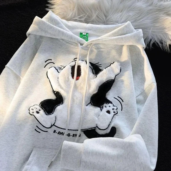 3 iplik şardonlu oversize peluş baskılı sweat beyaz - 2