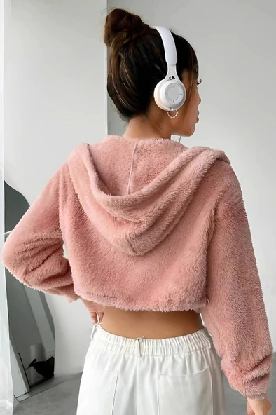 Peluş ceket kapşonlu pudra - 3