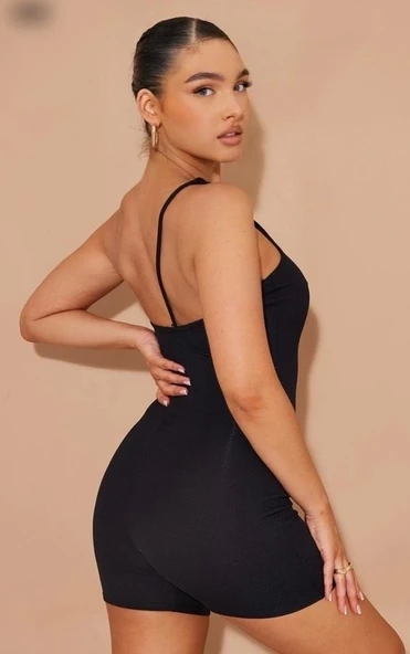Kadın Asimetrik Askılı Mini Kaşkorse Bodycon Tulum - 3