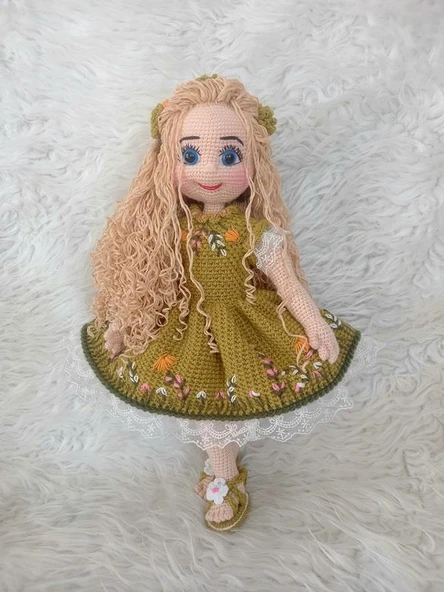 Sarı Saçlı Fıstık Yeşili Yaz Güzeli Bebek Amigurumi Organik Oyuncak