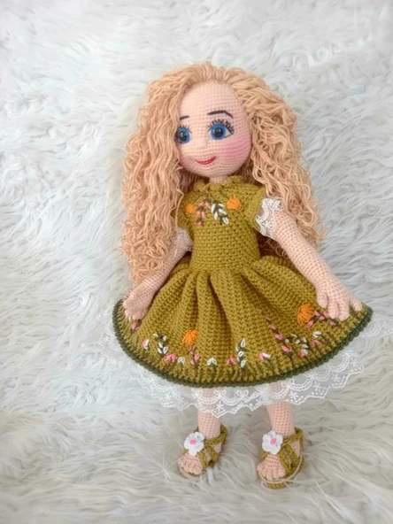 Sarı Saçlı Fıstık Yeşili Yaz Güzeli Bebek Amigurumi Organik Oyuncak - 3