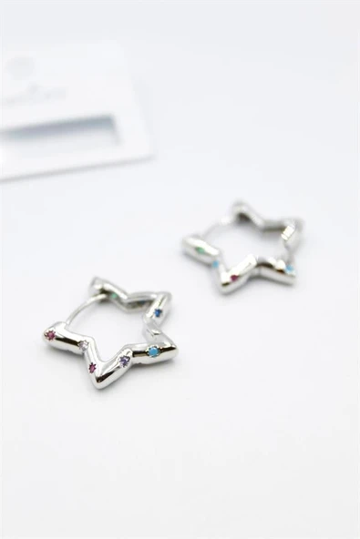 Taşlı Yıldız Küpe - Gümüş - Resim 2