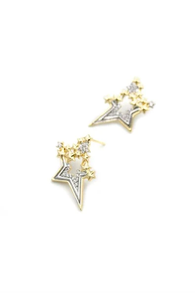 Taşlı Yıldız Küpe - Altın - Resim 2