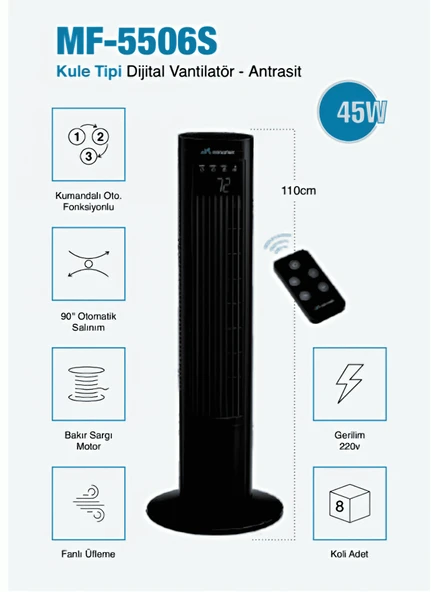 Kule Tipi Dijital Vantilatör Antrasit 3 Yıl Garantili Dijital Ekranlı, Uzaktan Kumandalı, Sessiz Soğutma ve Şık Tasarım ürün görseli
