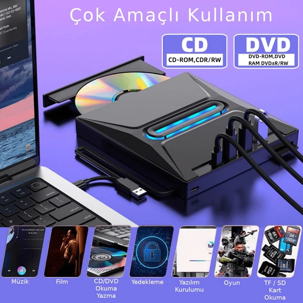 Valkyrie USB 3.0 Harici External CD DVD Okuyucu Yazıcı LED USB Hub TF SD Kart Okuyucu Çoğaltıcı - 3