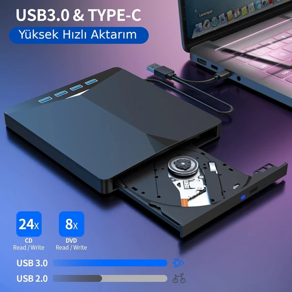 Valkyrie Harici CD DVD Rom Yazıcı Okuyucu USB 3.0 HUB Çoğaltıcı TF SD Kart Okuyucu 7in1 - 5