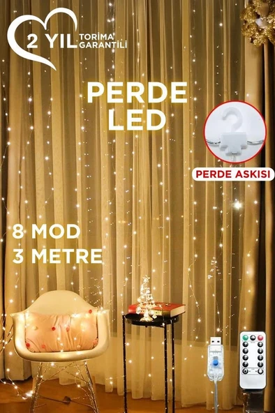 Lw-7 300 Ledli 10 Sarkıt Perde Led Işık, 8 Modlu Uzaktan Kumandalı, 3x3 Metre Peri Telli Led - 1