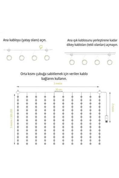 Lw-7 300 Ledli 10 Sarkıt Perde Led Işık, 8 Modlu Uzaktan Kumandalı, 3x3 Metre Peri Telli Led - 3
