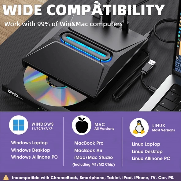 Valkyrie USB 3.0 Harici External CD DVD Okuyucu Yazıcı LED USB Hub TF SD Kart Okuyucu Çoğaltıcı - 4