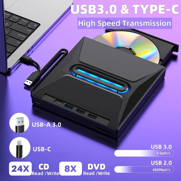 Valkyrie USB 3.0 Harici External CD DVD Okuyucu Yazıcı LED USB Hub TF SD Kart Okuyucu Çoğaltıcı - 6