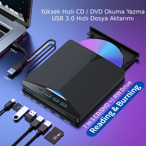 Valkyrie Harici CD DVD Rom Yazıcı Okuyucu USB 3.0 HUB Çoğaltıcı TF SD Kart Okuyucu 7in1 - 7