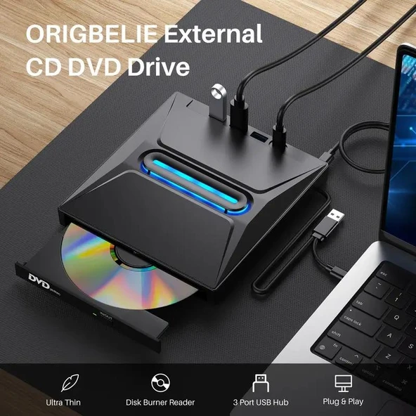 Valkyrie USB 3.0 Harici External CD DVD Okuyucu Yazıcı LED USB Hub TF SD Kart Okuyucu Çoğaltıcı - 8