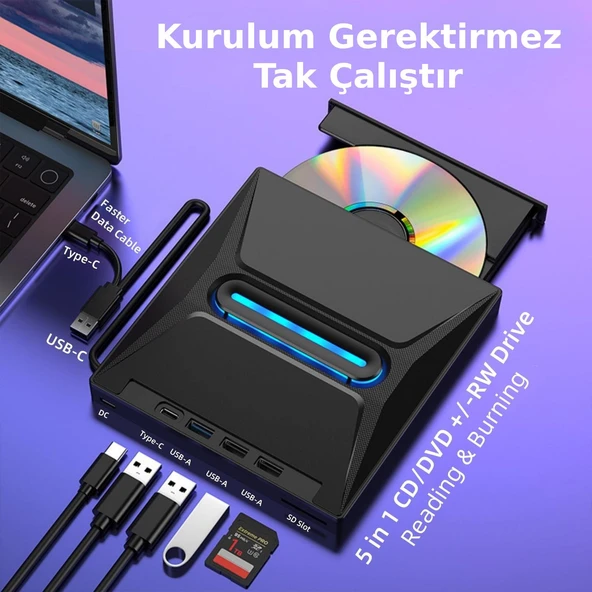 Valkyrie USB 3.0 Harici External CD DVD Okuyucu Yazıcı LED USB Hub TF SD Kart Okuyucu Çoğaltıcı - 2