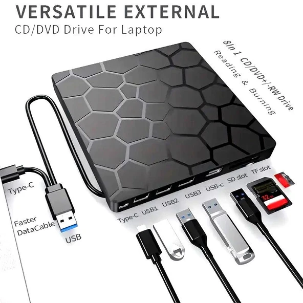 Valkyrie 8in1 Harici CD DVD Okuma Yazma USB 3.0 Hub Çok Amaçlı External Drive TF SD Kart Okuyucu - 7