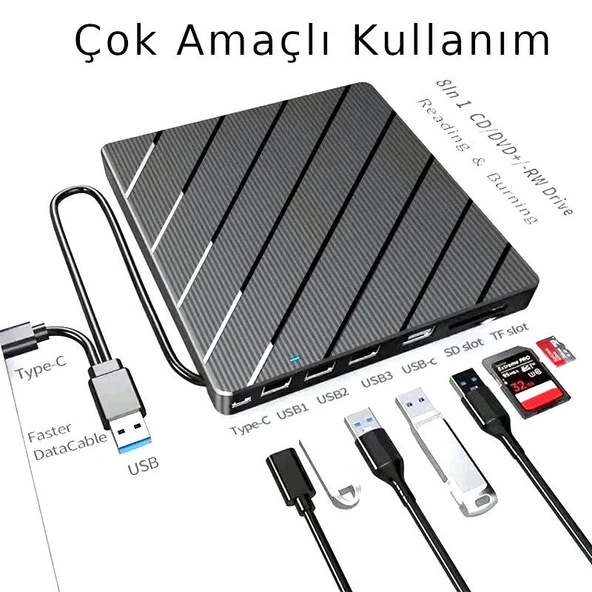 Valkyrie Harici CD DVD Okuma Yazma USB 3.0 Hub Çok Amaçlı External Drive TF SD Kart Okuyucu 8in1 - 3