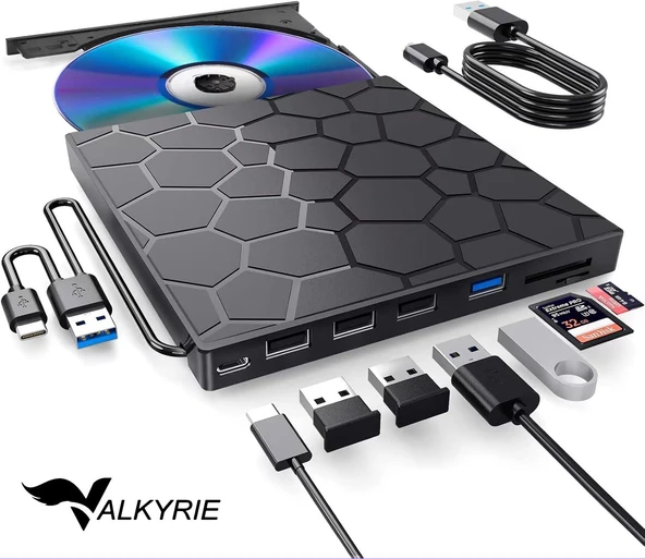 Valkyrie 8in1 Harici CD DVD Okuma Yazma USB 3.0 Hub Çok Amaçlı External Drive TF SD Kart Okuyucu