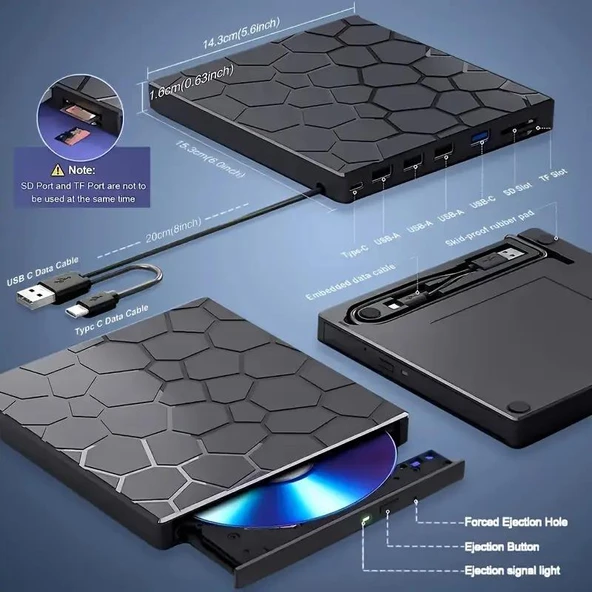 Valkyrie 8in1 Harici CD DVD Okuma Yazma USB 3.0 Hub Çok Amaçlı External Drive TF SD Kart Okuyucu - 8