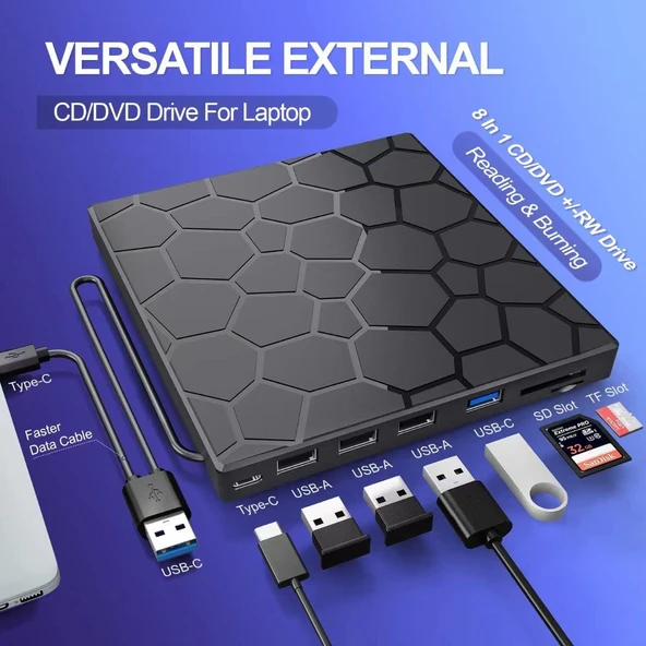 Valkyrie 8in1 Harici CD DVD Okuma Yazma USB 3.0 Hub Çok Amaçlı External Drive TF SD Kart Okuyucu - 4