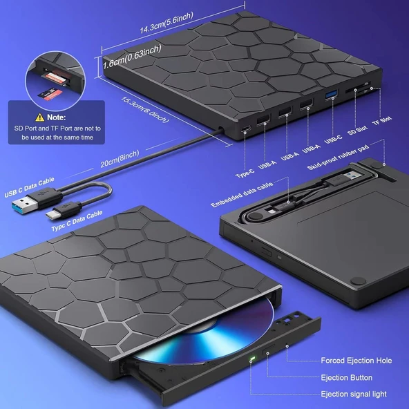 Valkyrie 8in1 Harici CD DVD Okuma Yazma USB 3.0 Hub Çok Amaçlı External Drive TF SD Kart Okuyucu - 6