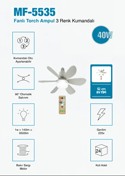 Kumandalı Fanlı 52 cm Torch Ampul 3 Renk Işık Seçenekli , Sessiz Soğutmalı 3 Yıl Garantili ürün görseli