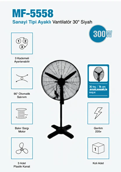 Sanayi Tipi Ayaklı Vantilatör   30 inç 76 cm Ayarlanabilir Başlık Siyah Metal Gövde 3 Yıl Garantili ürün görseli