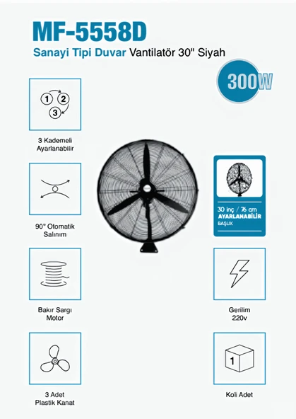 Sanayi Tipi Duvar Vantilatör  30 inç  26 cm Ayarlanabilir Başlık Siyah Gövde 3 Yıl Garantili ürün görseli
