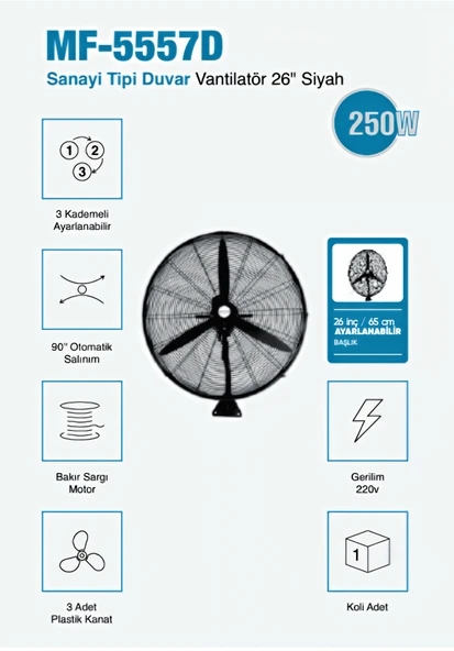 Sanayi Tipi Duvar Vantilatör 26 inç 65 cm Ayarlanabilir Başlık Siyah Gövde 3 Yıl Garantili ürün görseli