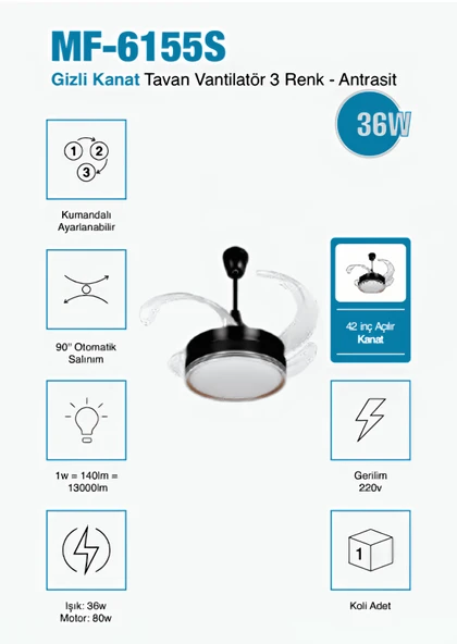 Gizli 42 inç Açılır Kanat Tavan Vantilatör Antrasit 3 Renk Işık Seçenekli, Sessiz ve Şık Tasarım  3 Yıl Garantili ürün görseli