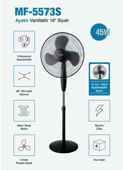 Ayaklı Vantilatör 16inç " Siyah  3 Yıl Garantili, Sessiz ve Güçlü Serinlik ürün görseli