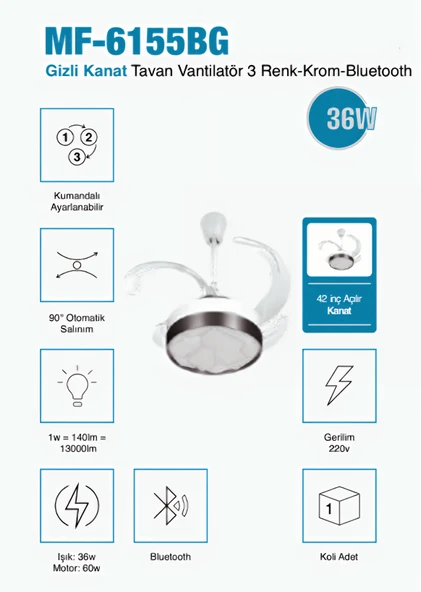 Gizli 42 inç Açılır Kanat  Tavan Vantilatör  Krom  Bluetooth Özellikli, 3 Renk LED Işık  3 Yıl Garantili ürün görseli