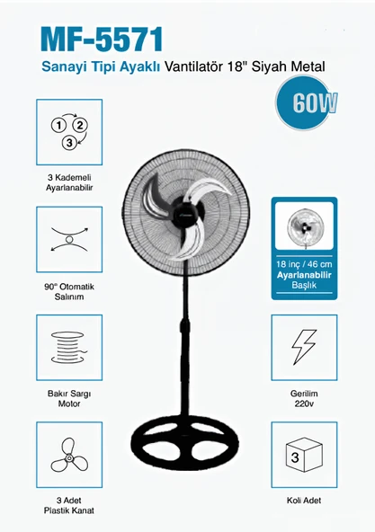 Sanayi Tipi Ayaklı 18 inç " Vantilatör  Siyah Metal Gövde  Güçlü ve Dayanıklı 3 Yıl Garantili ürün görseli