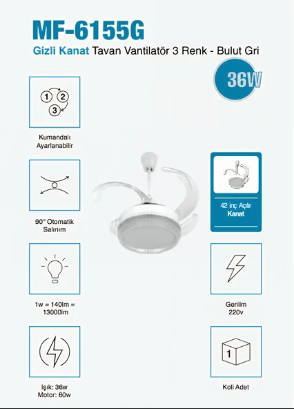Gizli 42 inç Açılır Kanat Tavan Vantilatör  3 Renk Işık Seçenekli 3 Yıl Garantili Bulut Gri Şık ve Sessiz Tasarım ürün görseli