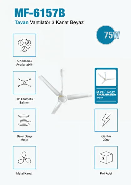56 inç  Tavan Vantilatör 140 cm Metal Kanat, Ayarlanabilir Başlık, Beyaz Gövde 3 Yıl Garantili ürün görseli
