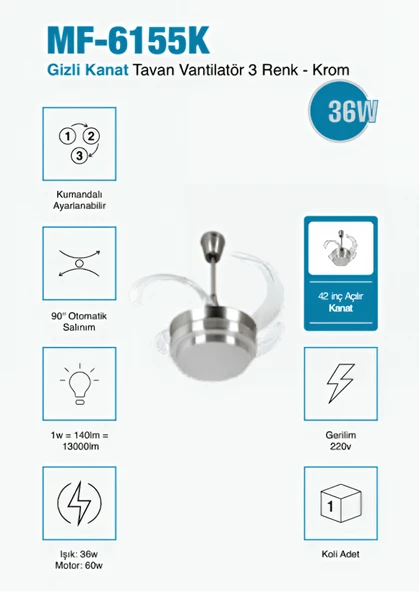 Gizli 42 inç Açılır Kanat Tavan Vantilatör Krom  3 Renk LED Işık Seçenekli 3 Yıl Garantili ürün görseli
