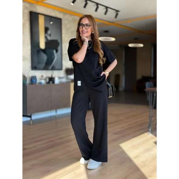 Lucky Life Kadın Kısa Kollu Bisiklet Yaka Asimetrik Viskon Iki Iplik Bluz Ve Pantolon Ikili Takım - 4