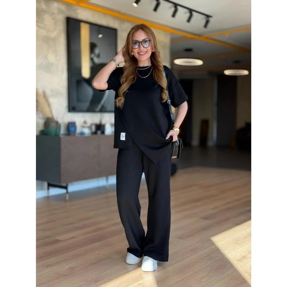 Lucky Life Kadın Kısa Kollu Bisiklet Yaka Asimetrik Viskon Iki Iplik Bluz Ve Pantolon Ikili Takım - 5