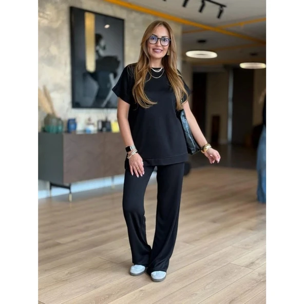 Lucky Life Kadın Kısa Kollu Bisiklet Yaka Viskon Iki Iplik Bluz Ve Pantolon Ikili Takım - 5