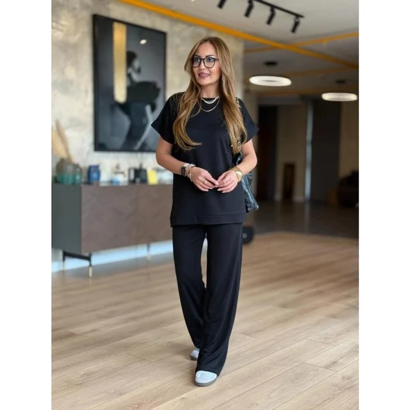 Lucky Life Kadın Kısa Kollu Bisiklet Yaka Viskon Iki Iplik Bluz Ve Pantolon Ikili Takım