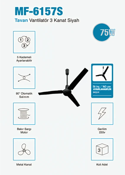 56 inç  Tavan Vantilatör  140 cm Metal Kanat, Ayarlanabilir Başlık, Siyah Gövde  3 Yıl Garantili ürün görseli