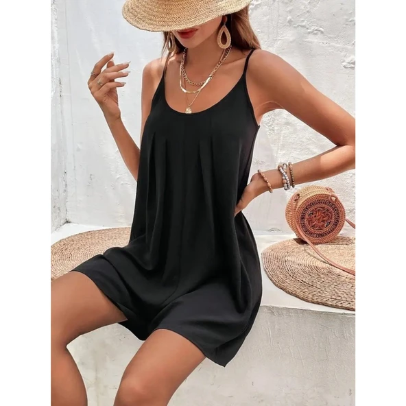 Lucky Life Kadın Ip Askılı Yuvarlak Yakalı Pileli Viskon Tulum - Resim 4